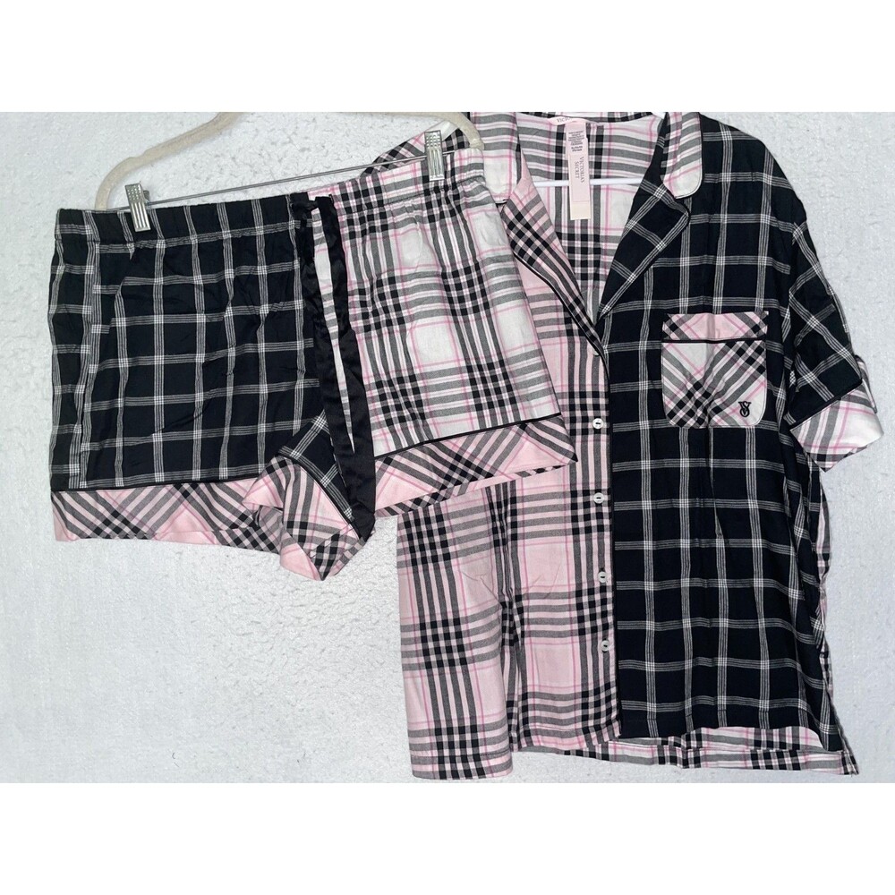 Victoria’s Secret Flannel Short Pajama Set NEW XL Plaid Pink Black Patchwork